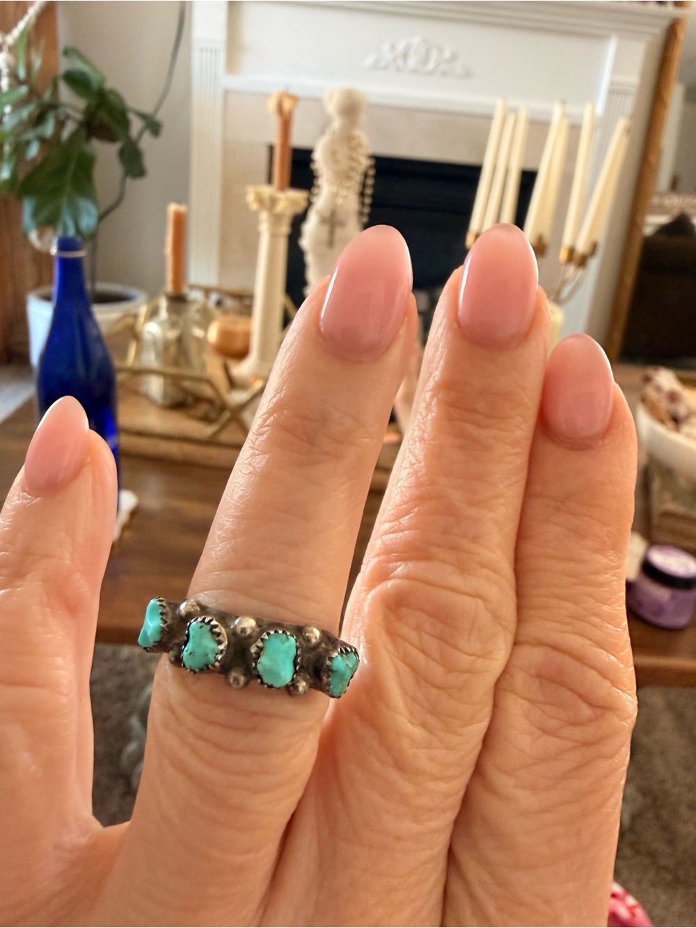 Vintage Native American sterling silver hand cut blue turquoise stacking ring